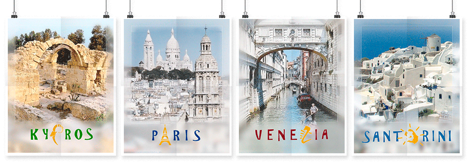 set of four travel posters designed by shelli
