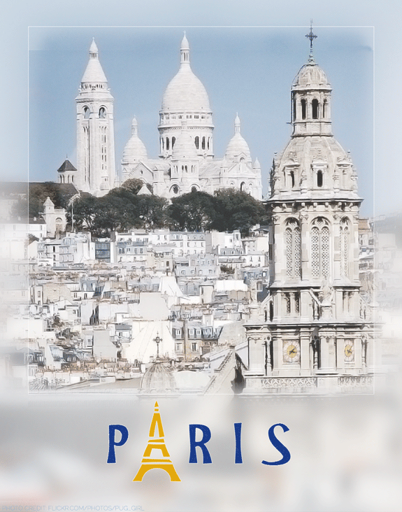 paris travel poster designed by shelli; photography by flickr user pug_girl used in accordance with creative commons licensing