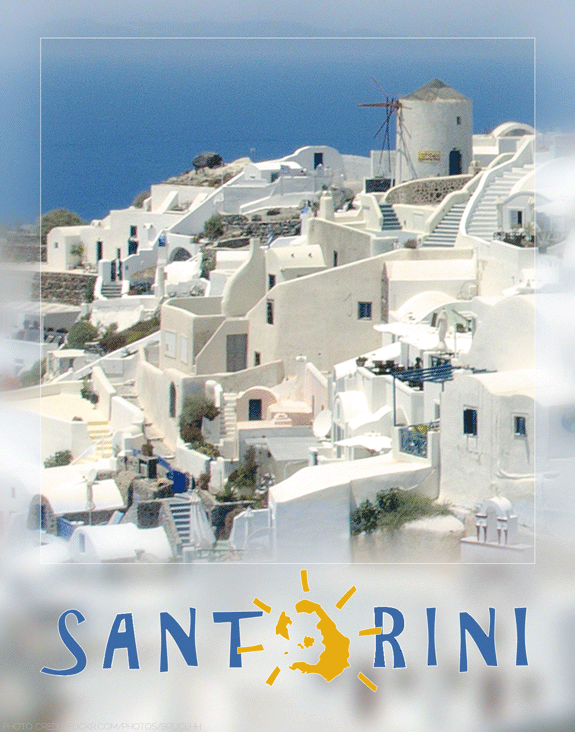 santorini travel poster designed by shelli; photography by flickr user brucehh used in accordance with creative commons licensing