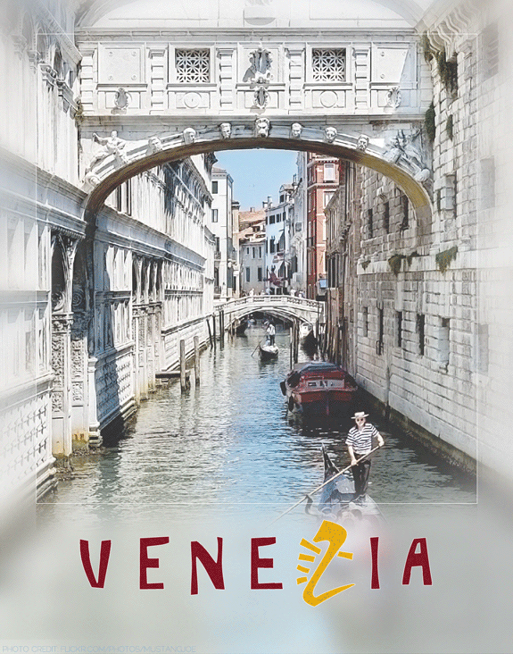 venice travel poster designed by shelli; photography by flickr user mustangjoe used in accordance with creative commons licensing
